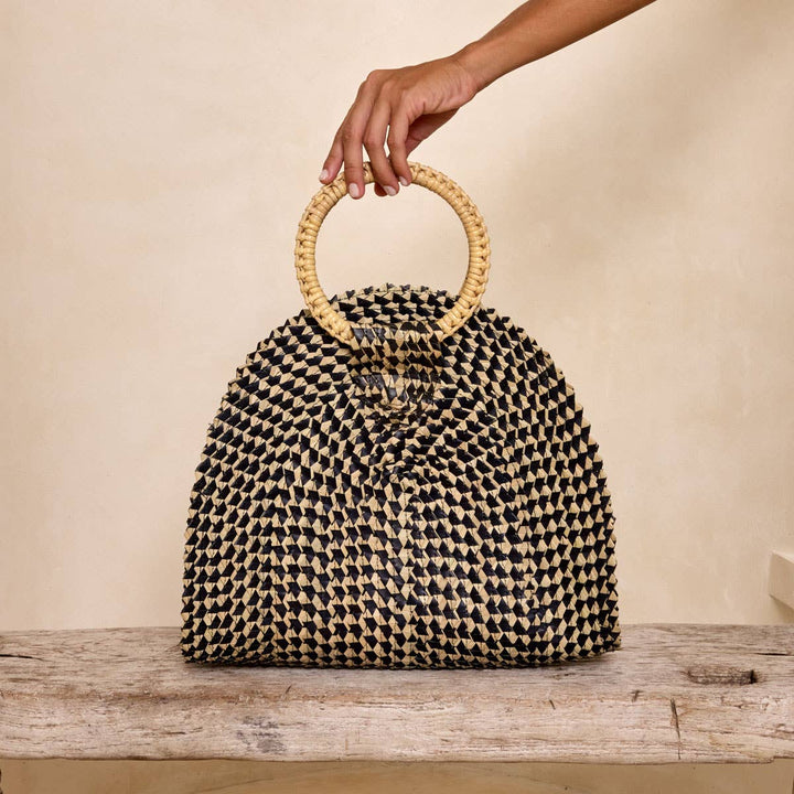 Palm Leaf Handbag Foldover w Round Handle