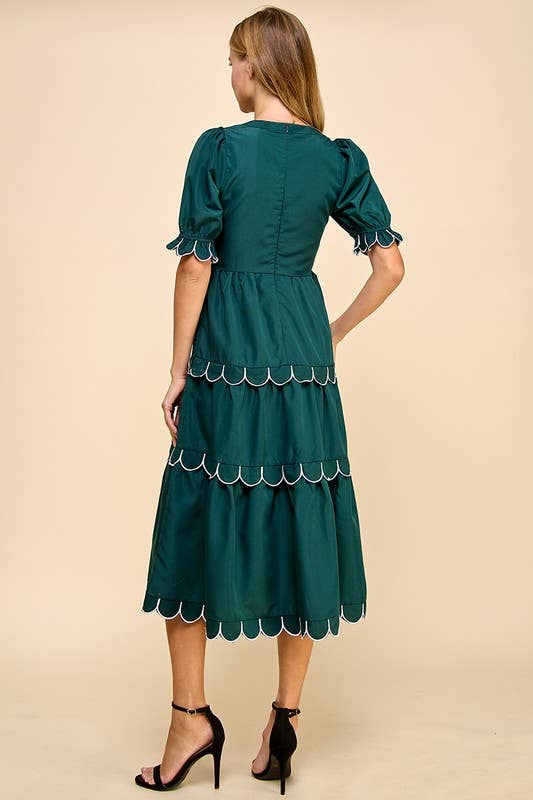 Scallop Detail Short Puff Sleeves Dress - Hunter Green