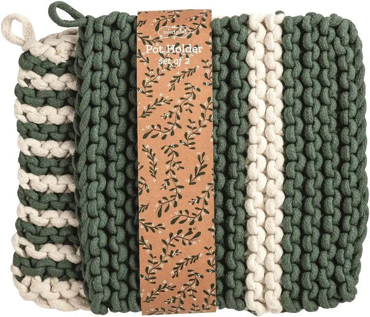 Double White  & Green Stripe Pot Holder Set