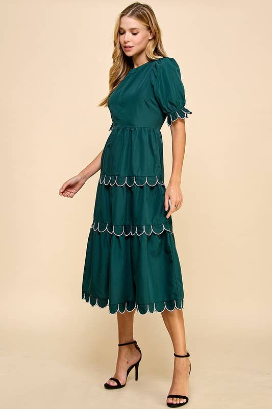 Scallop Detail Short Puff Sleeves Dress - Hunter Green