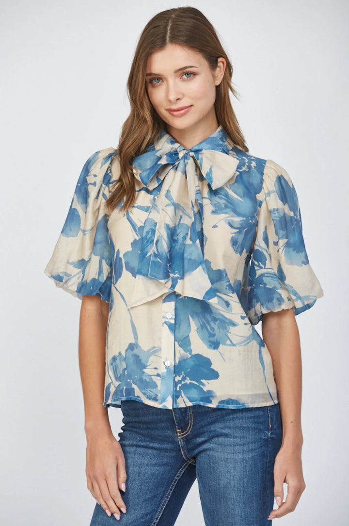 Removable Neck Tie Lantern Sleeve Blouse