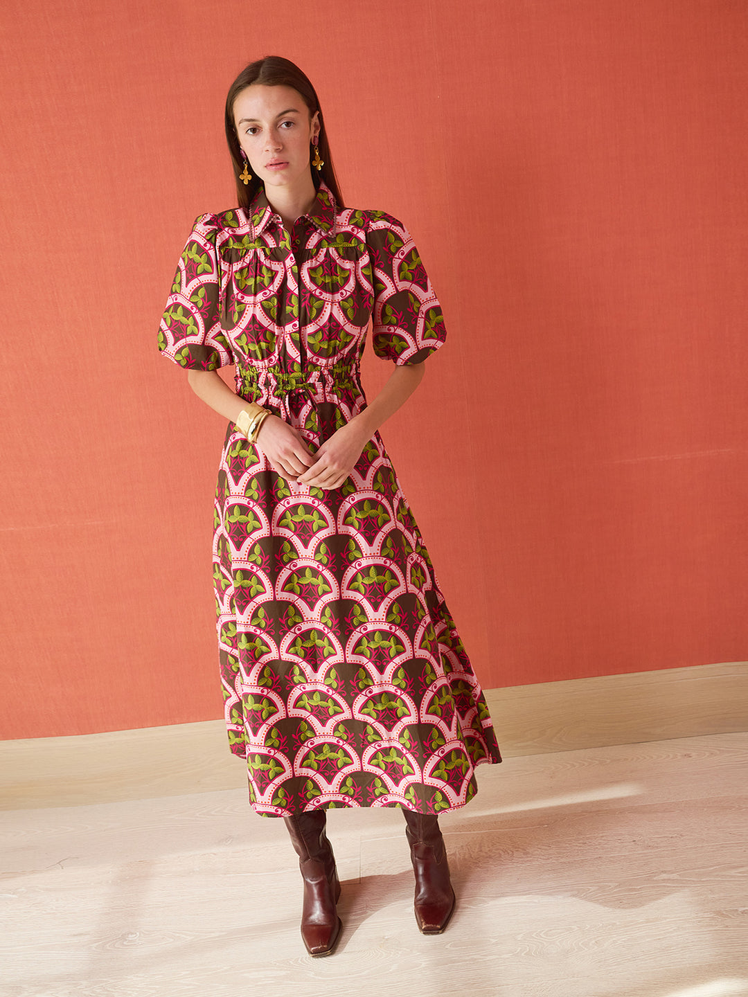 Banyan Puff Sleeve Midi Dress - Berry Vine
