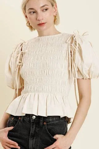Cream Detachable Sleeve Peplum Top