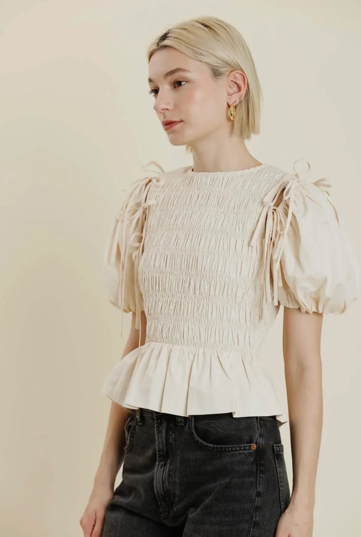 Cream Detachable Sleeve Peplum Top