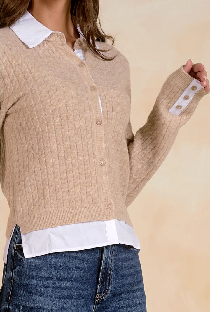 Collared Sweater Cardigan - Tan/White
