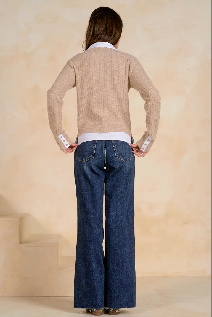 Collared Sweater Cardigan - Tan/White