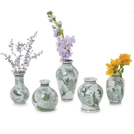 Primrose and Lotus Mini Green and White Chinoiserie Vases
