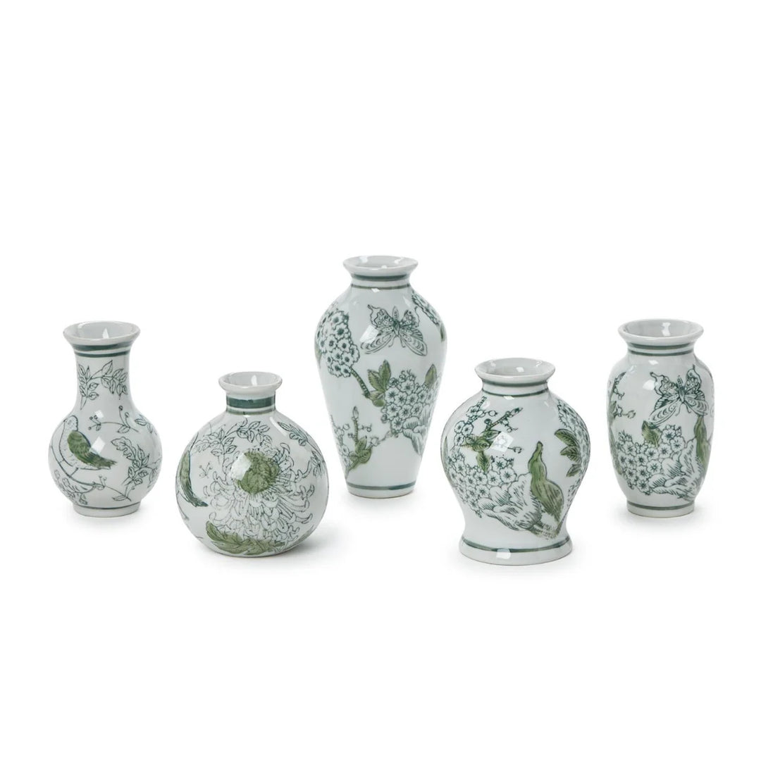 Primrose and Lotus Mini Green and White Chinoiserie Vases