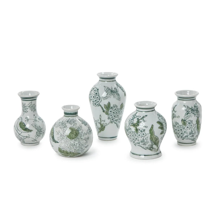 Primrose and Lotus Mini Green and White Chinoiserie Vases