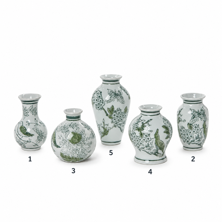 Primrose and Lotus Mini Green and White Chinoiserie Vases