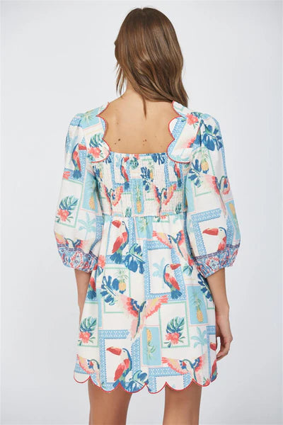 Linen Blend Tropical Print Scallop Edge Dress