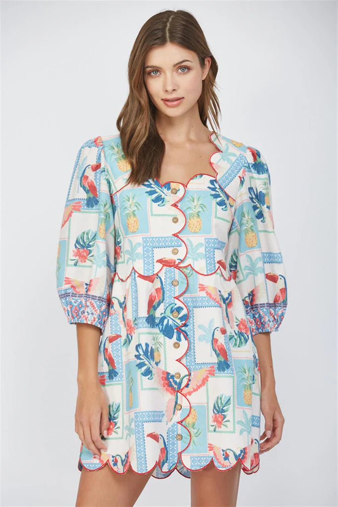 Linen Blend Tropical Print Scallop Edge Dress