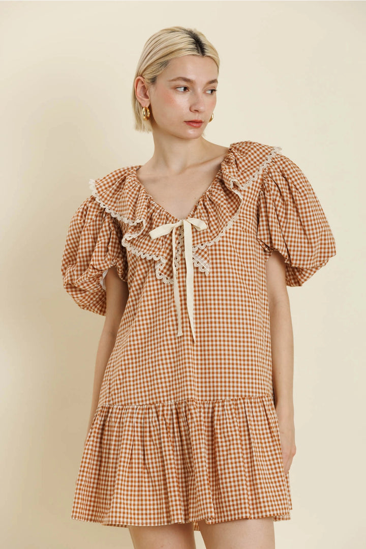 GINGHAM MINI DRESS W/ TIE