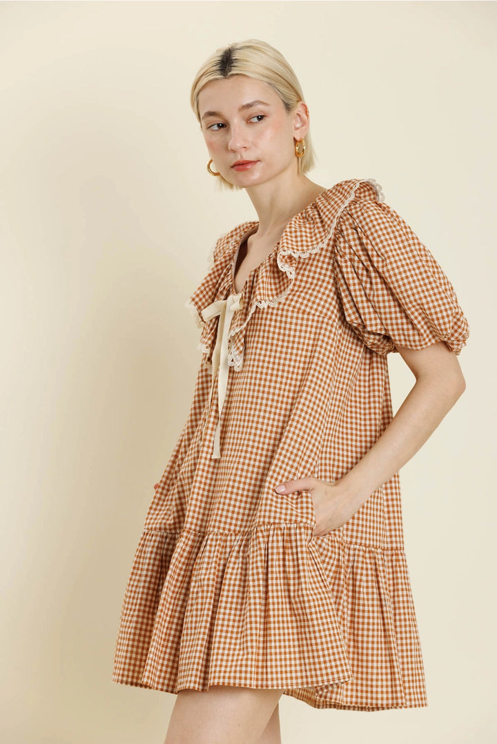 GINGHAM MINI DRESS W/ TIE