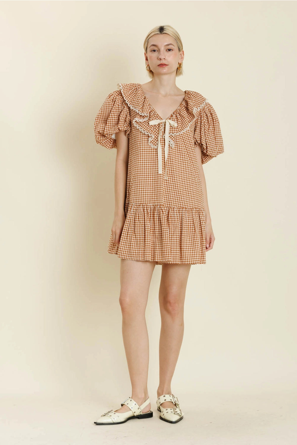 GINGHAM MINI DRESS W/ TIE
