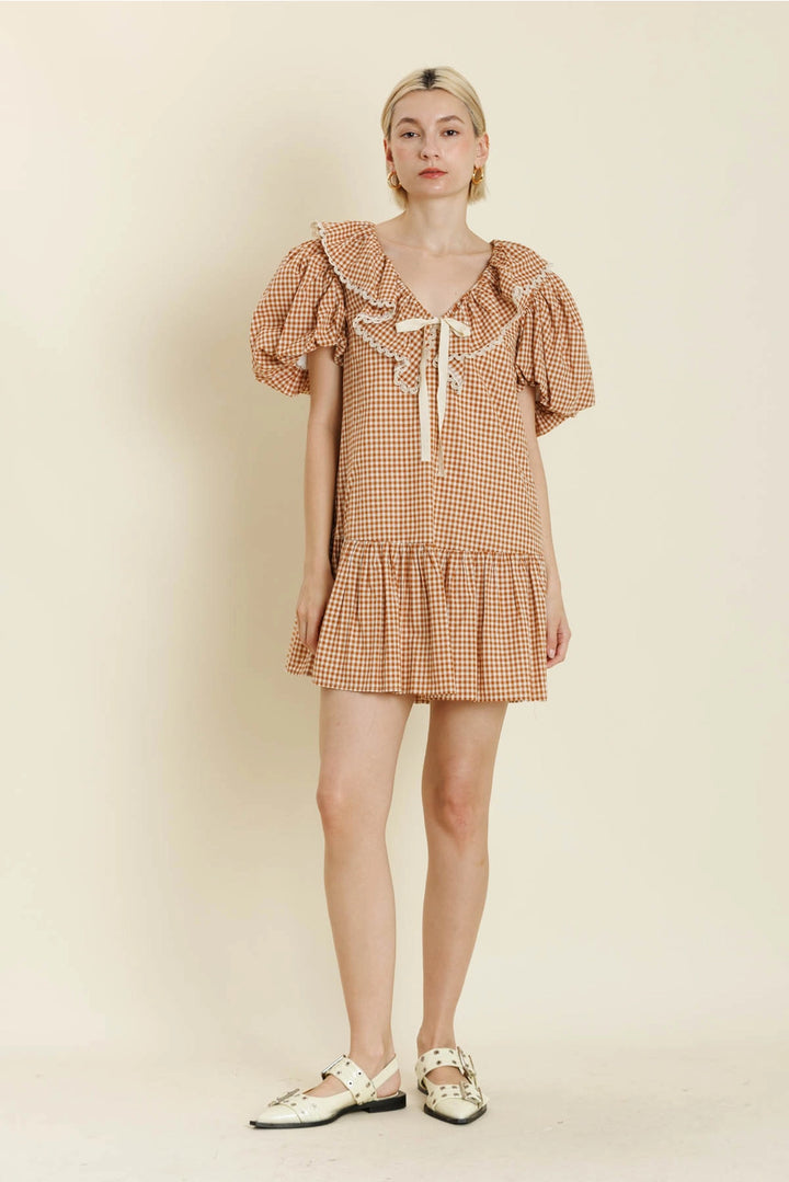 GINGHAM MINI DRESS W/ TIE