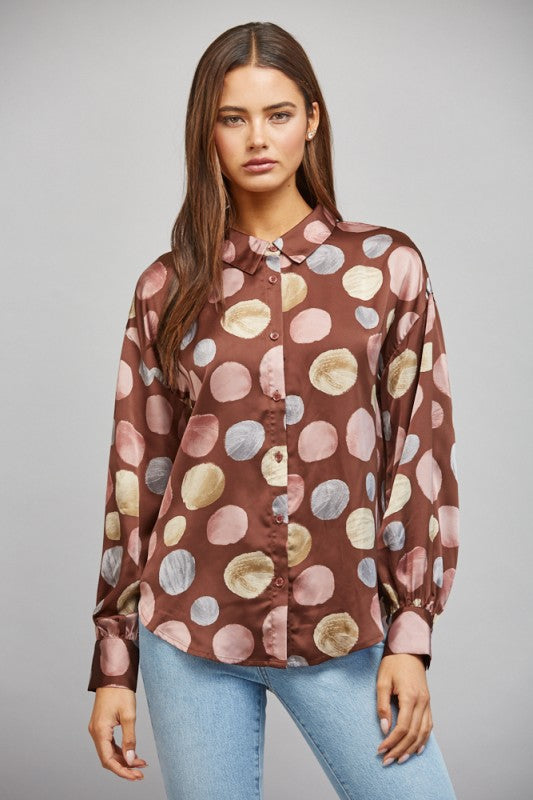 Multicolor Polka Dot Print Satin Button Up Blouse