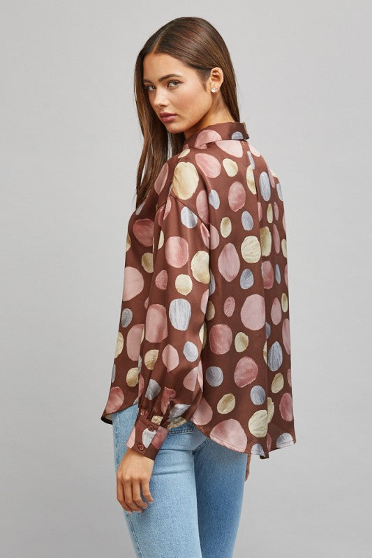 Multicolor Polka Dot Print Satin Button Up Blouse