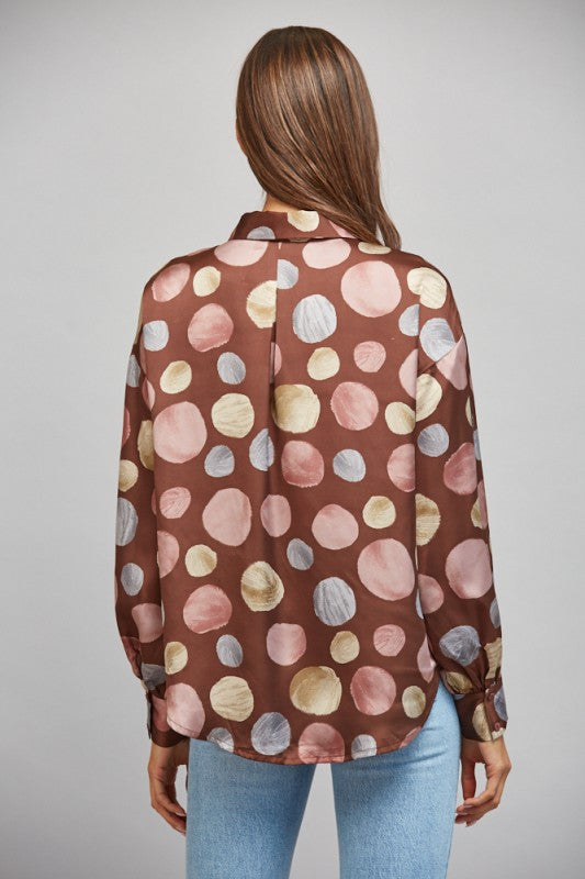 Multicolor Polka Dot Print Satin Button Up Blouse