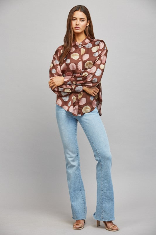 Multicolor Polka Dot Print Satin Button Up Blouse