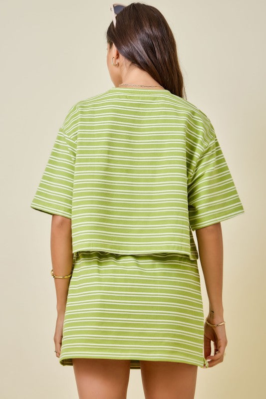 Striped Round Neck Drop Shoulder Boxy Cropped Lounge Top