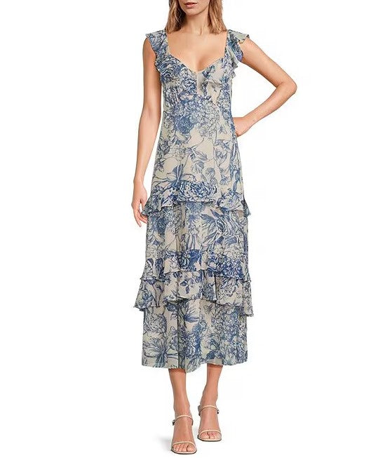 Cassandra Blue Floral Tiered Dress