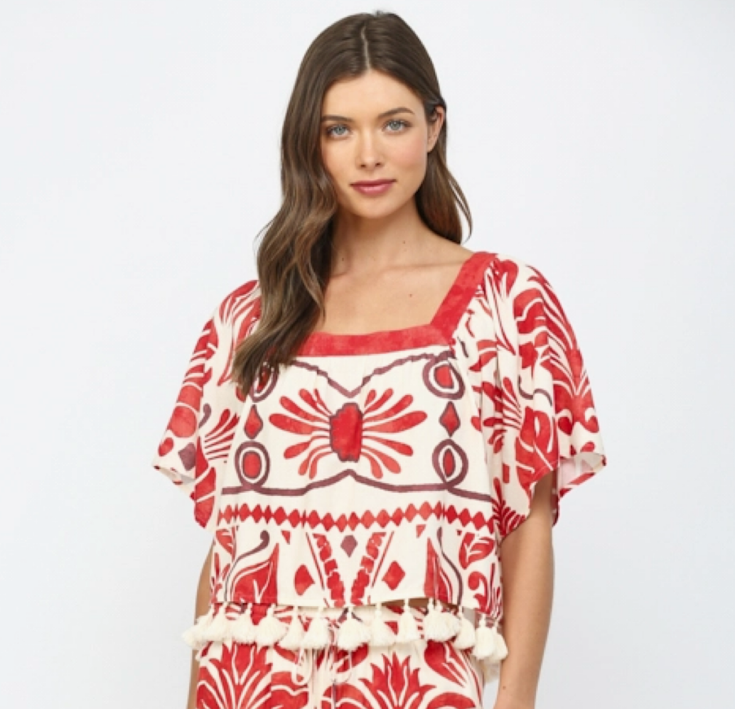 Geo & Tropical Print Tassel Top