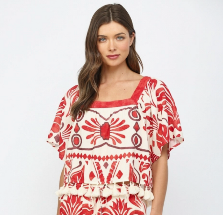 Geo & Tropical Print Tassel Top