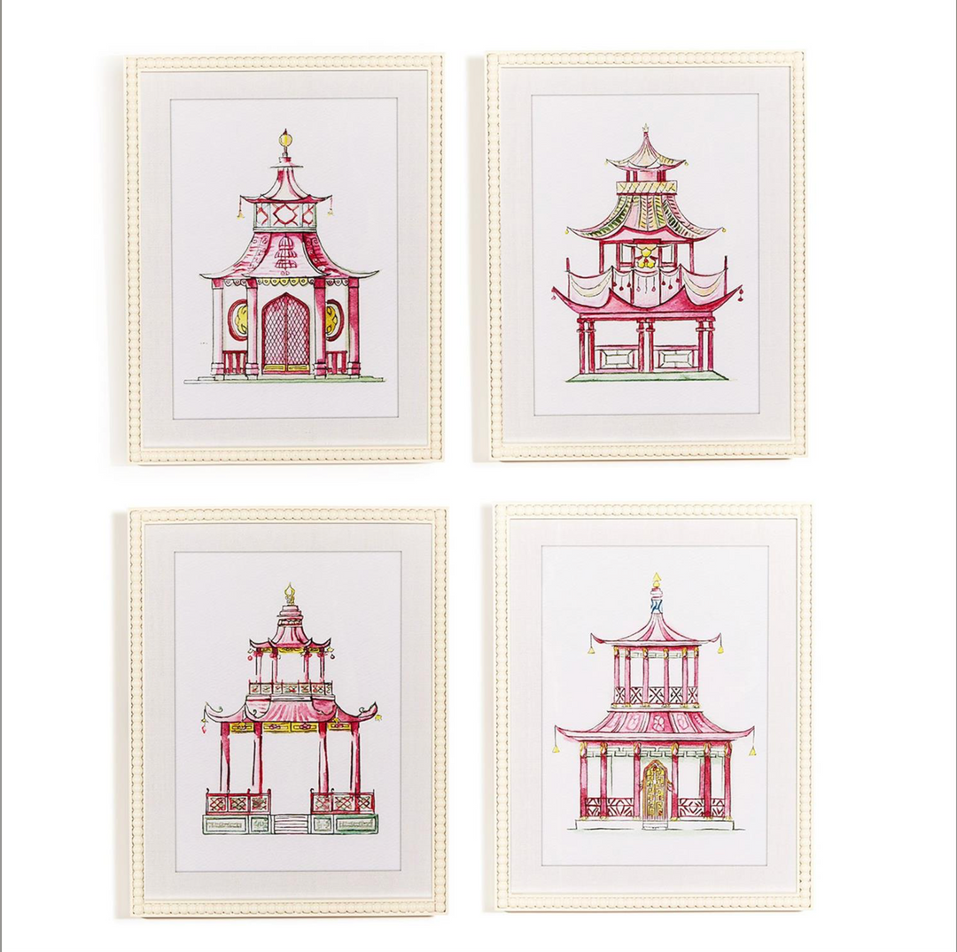 Pink Pagoda White Beaded Framed Wall Art Prints