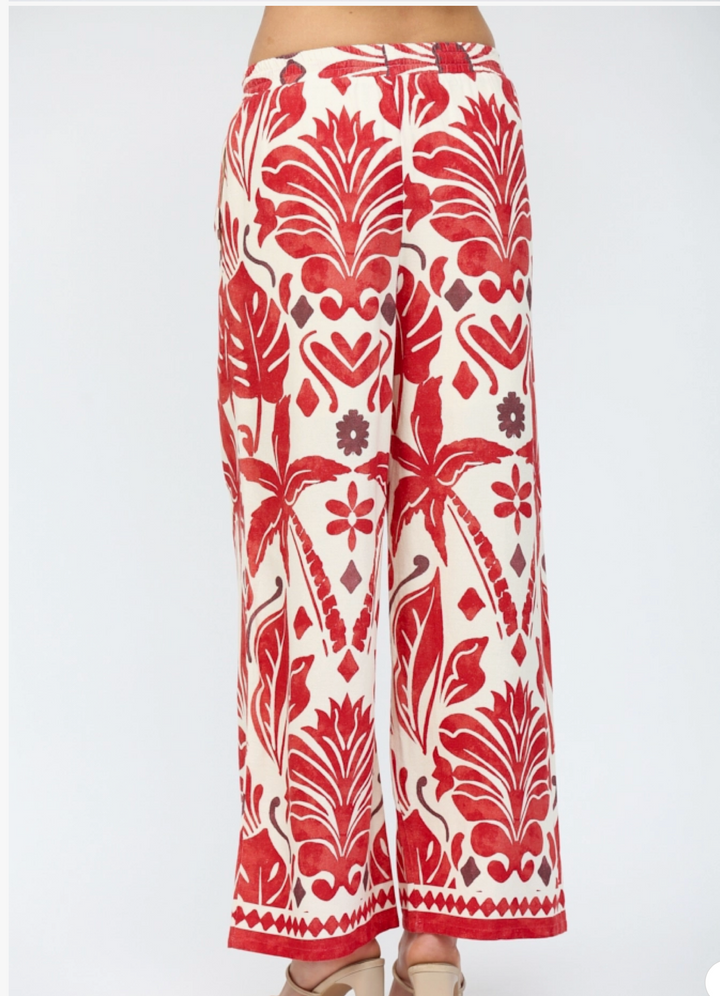 Tropical Print Drawstring Waist Wide Leg Pants