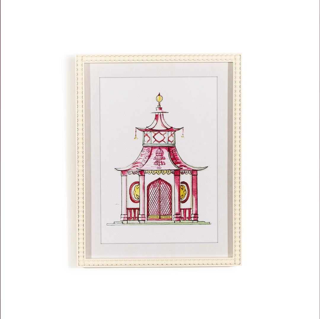 Pink Pagoda White Beaded Framed Wall Art Prints