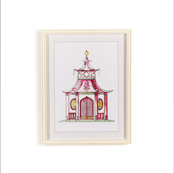 Pink Pagoda White Beaded Framed Wall Art Prints