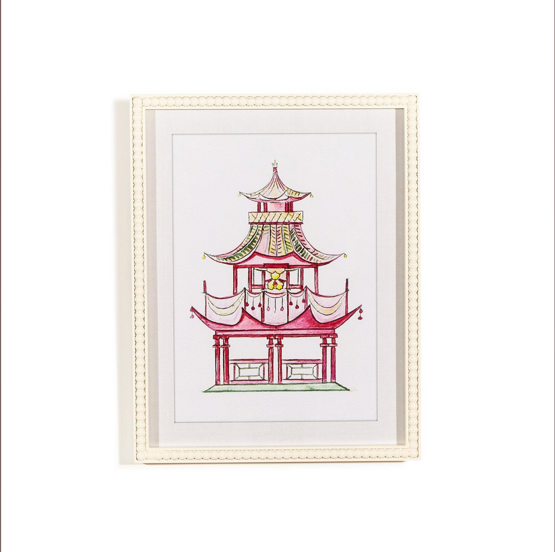 Pink Pagoda White Beaded Framed Wall Art Prints