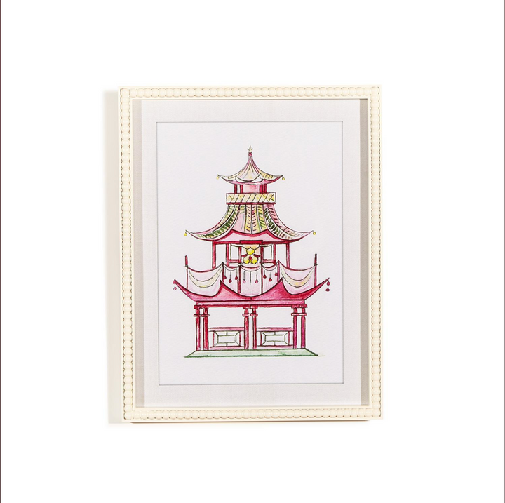 Pink Pagoda White Beaded Framed Wall Art Prints