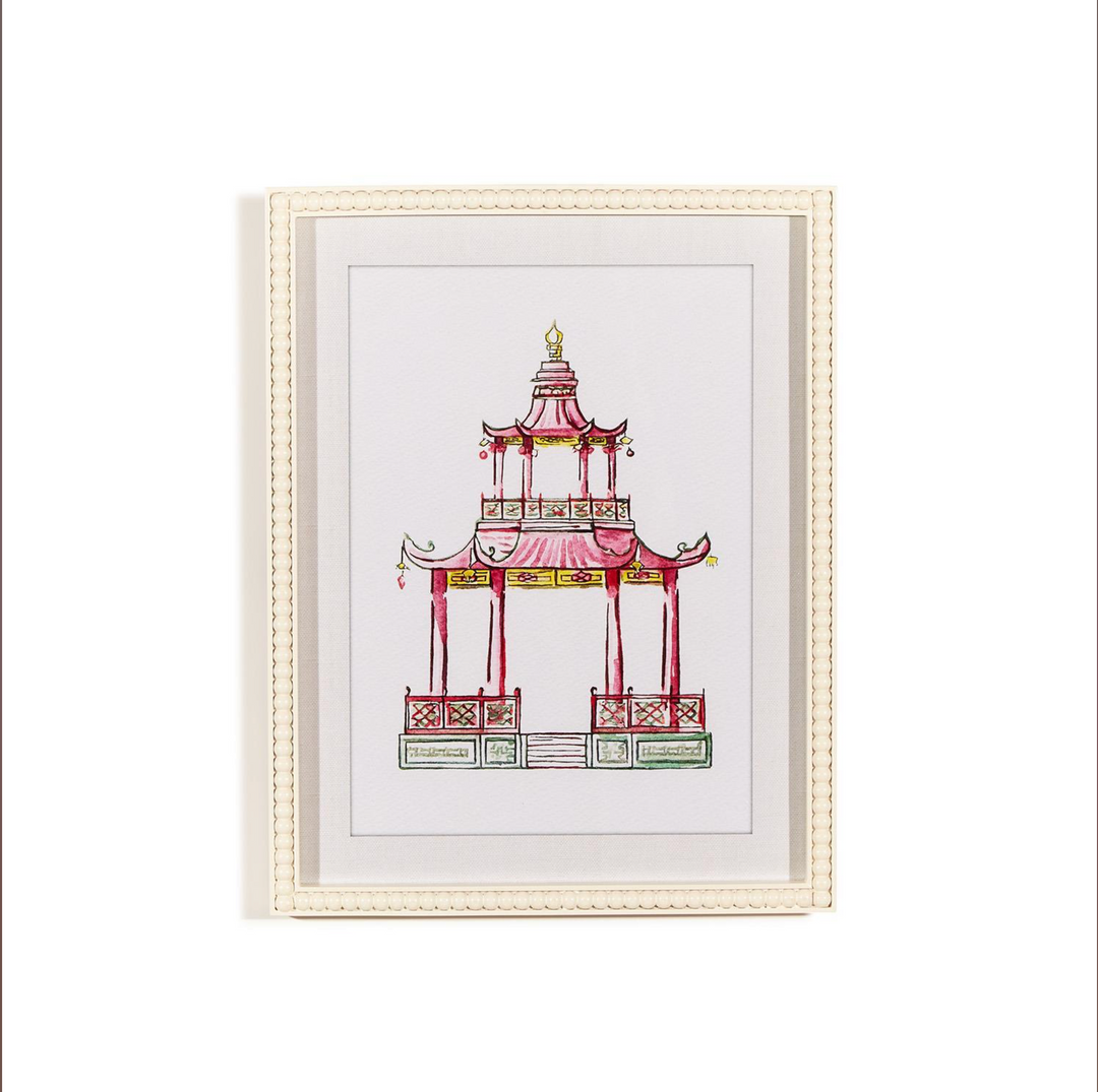 Pink Pagoda White Beaded Framed Wall Art Prints