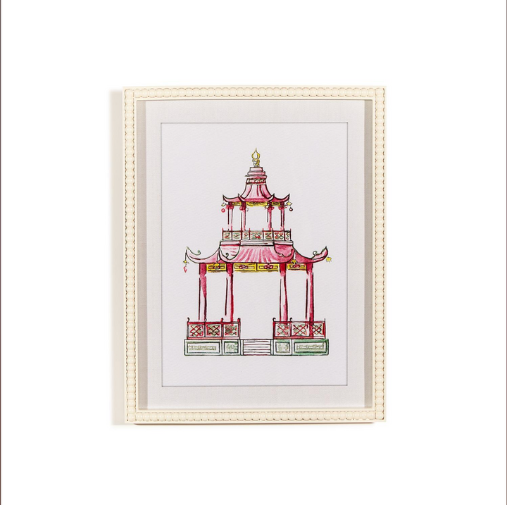 Pink Pagoda White Beaded Framed Wall Art Prints