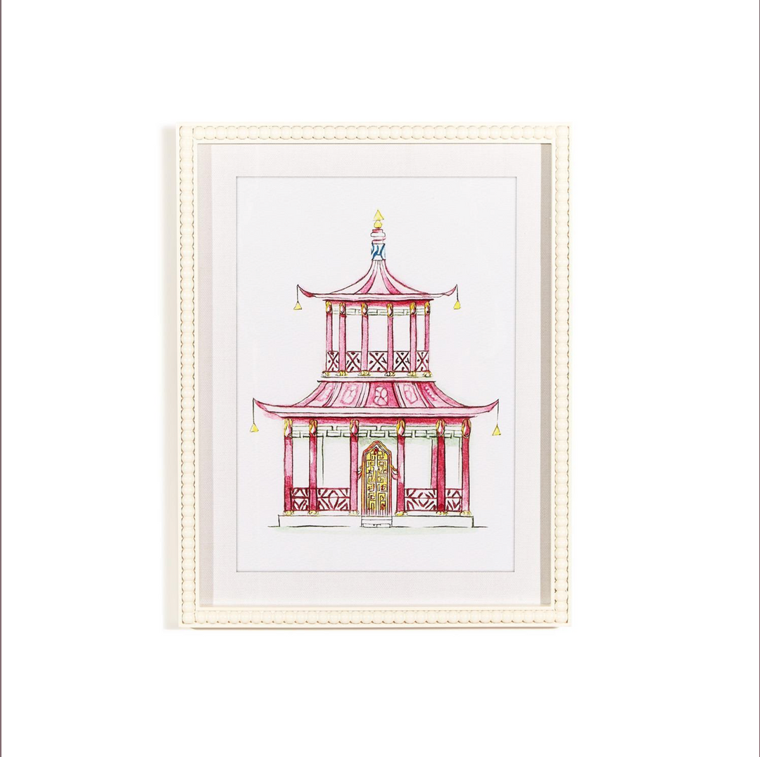 Pink Pagoda White Beaded Framed Wall Art Prints