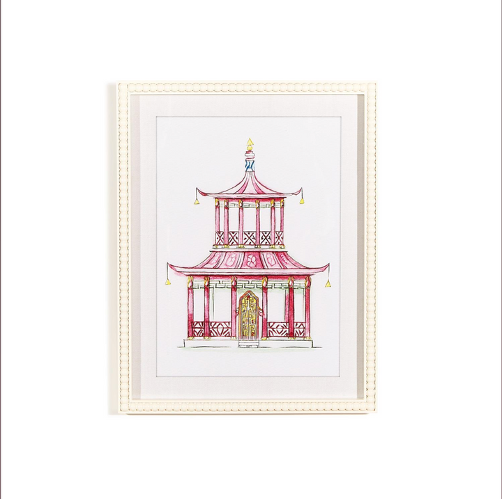 Pink Pagoda White Beaded Framed Wall Art Prints