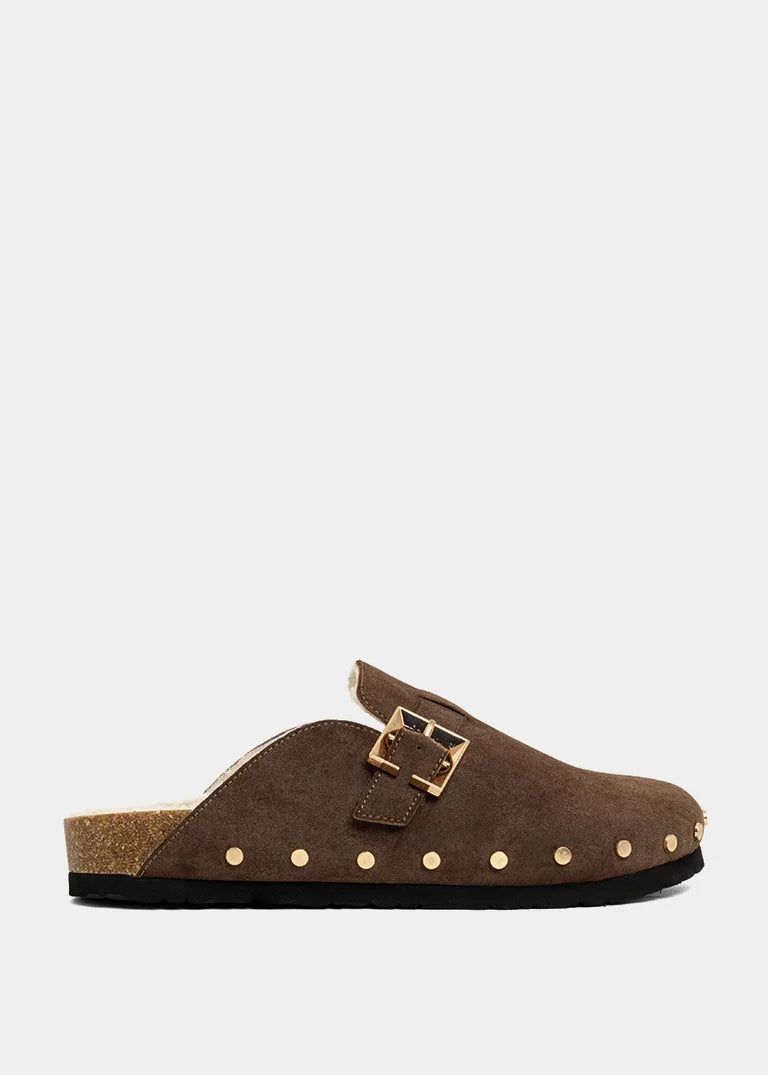 The Tori | Brown Suede Studded Buckle Clog
