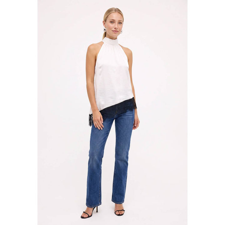Asymmetrical Lace Trim Mock Neck Halter Top