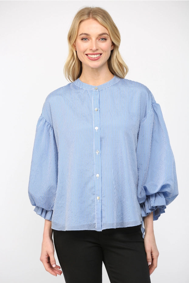 Pinstripe Voluminous Bubble Sleeve Blouse