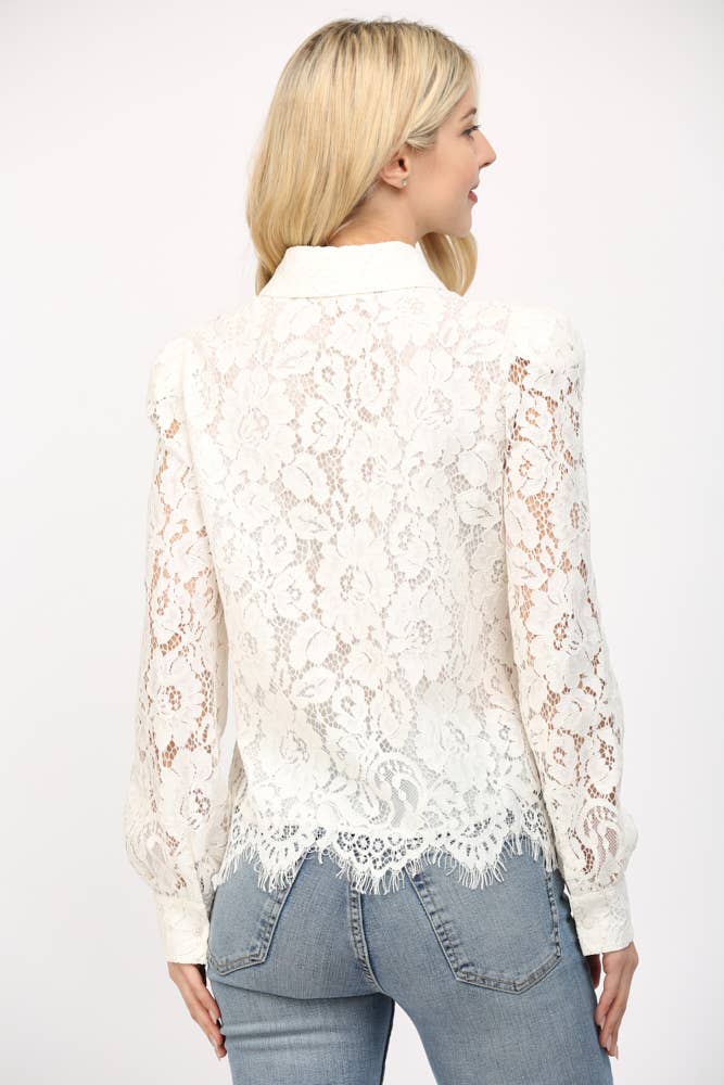 Scallop Edge Lace Button Down Blouse