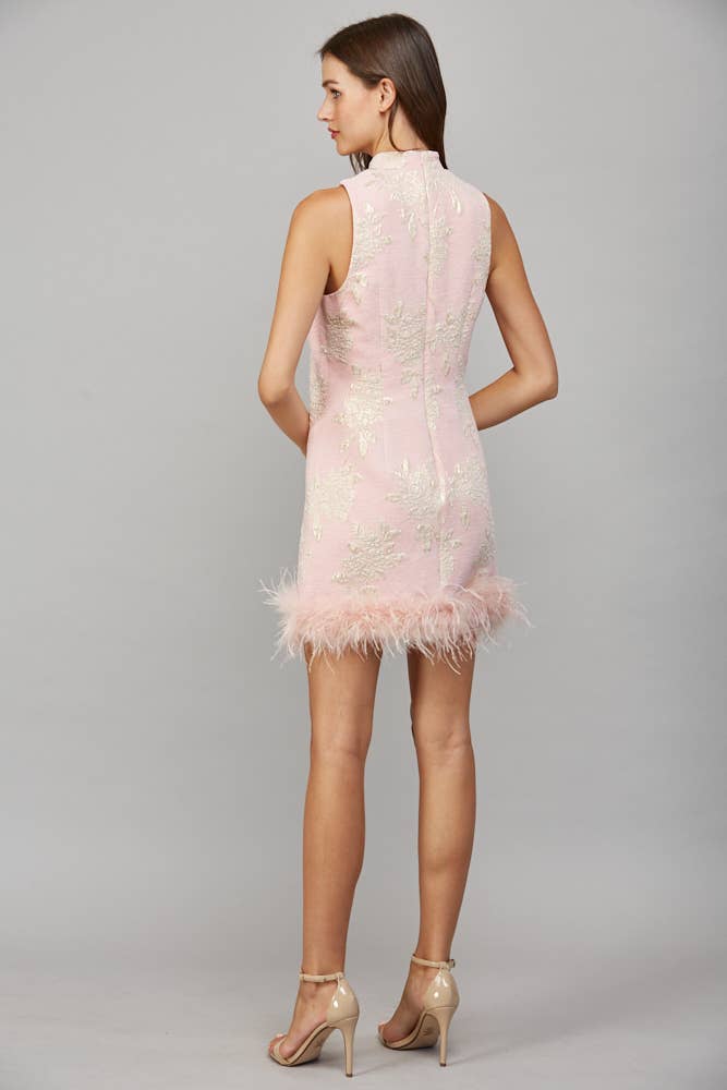 Feather Trim Metallic Floral Jacquard Dress