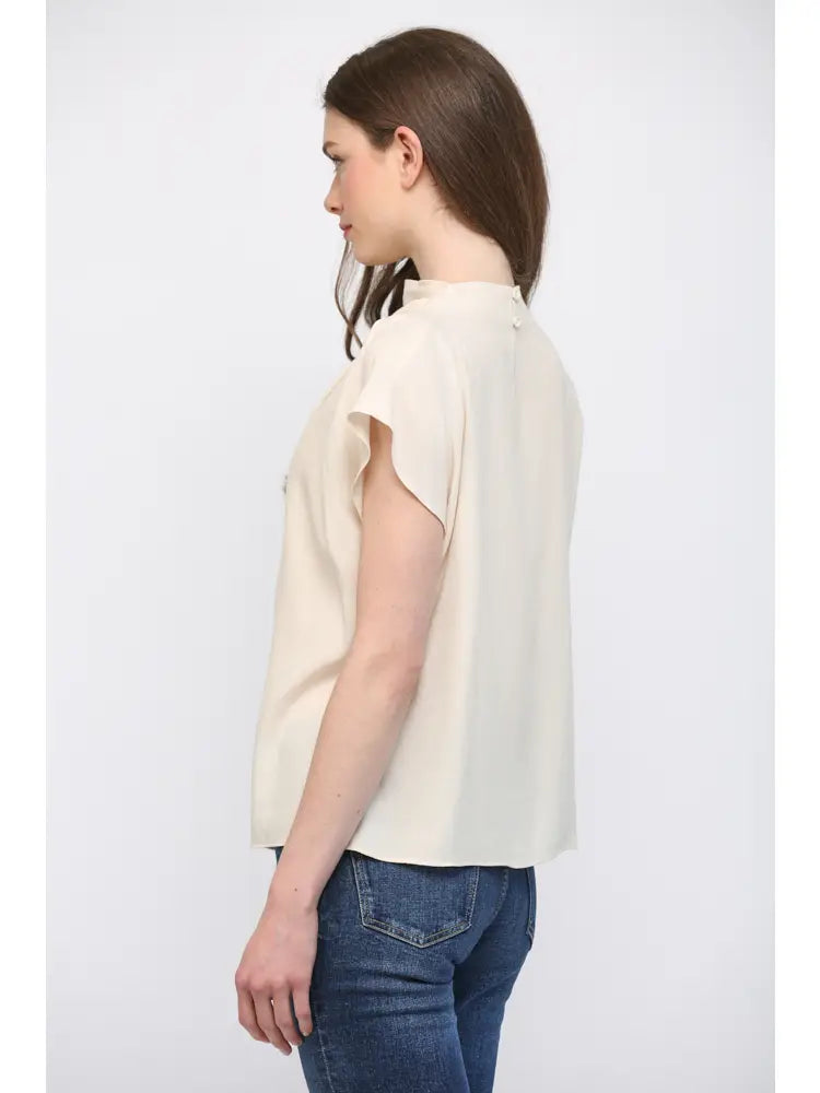 High Cowl Neck Cap Sleeve Tencel Blend Top