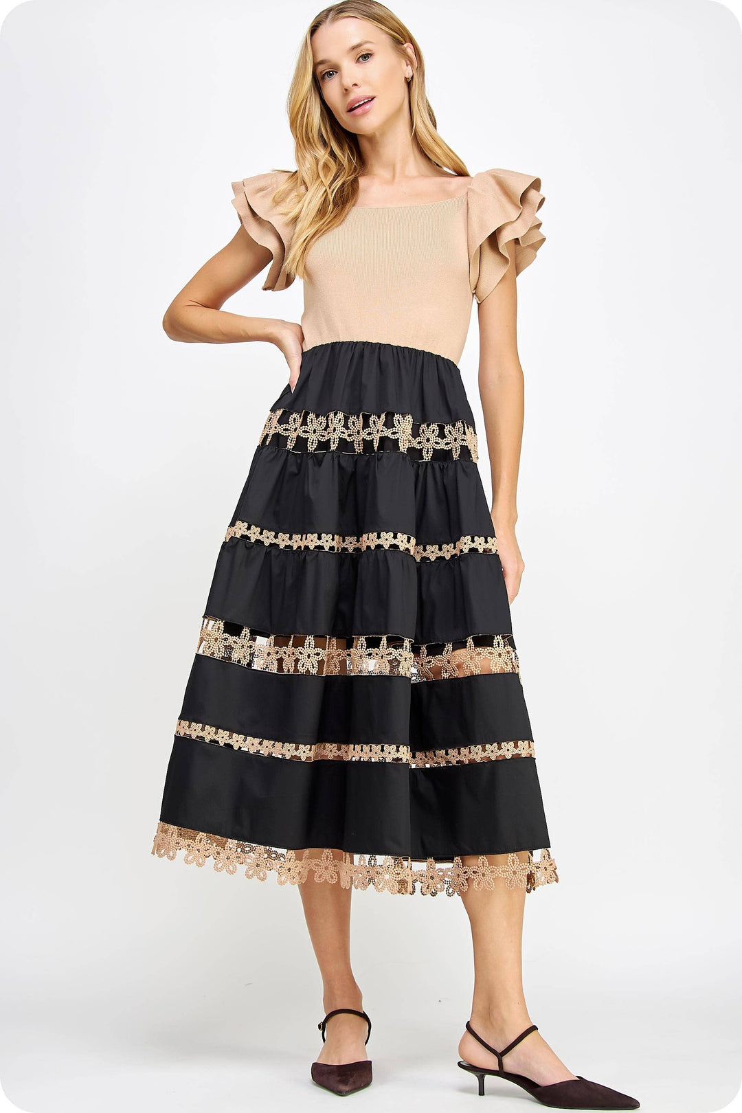 Mixed Media Lace Trim Detail Midi Dress