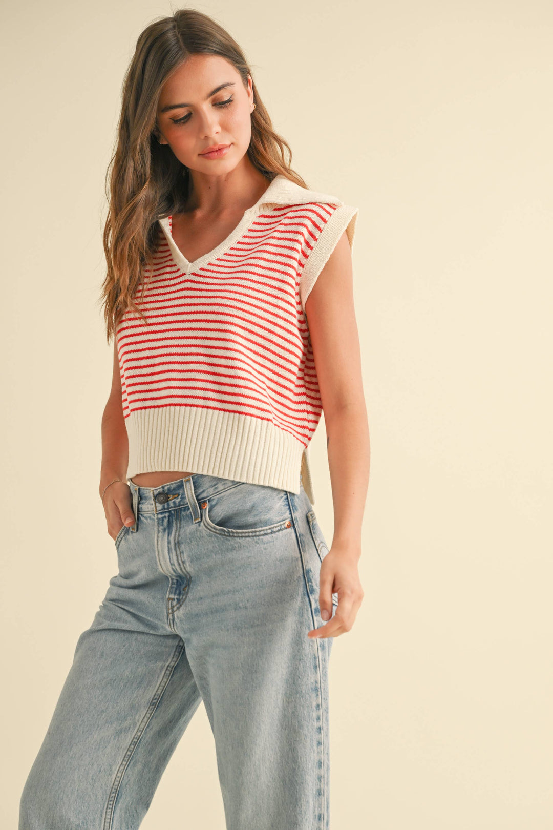 V-Neck Stripe Collar Knitted Top