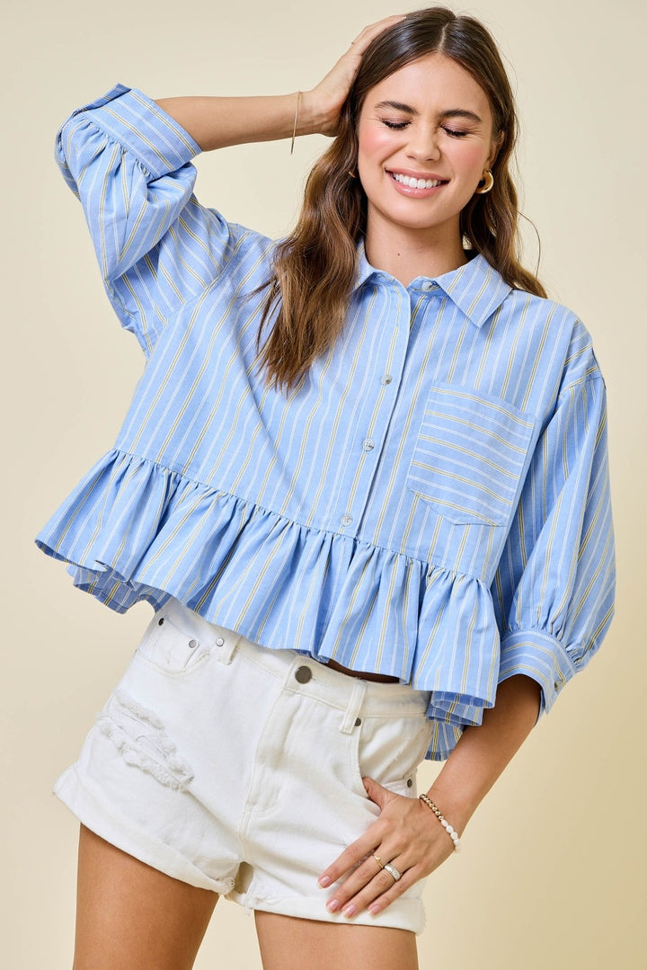 Striped Boxy Button Down Cropped Shirt W/ Ruffles