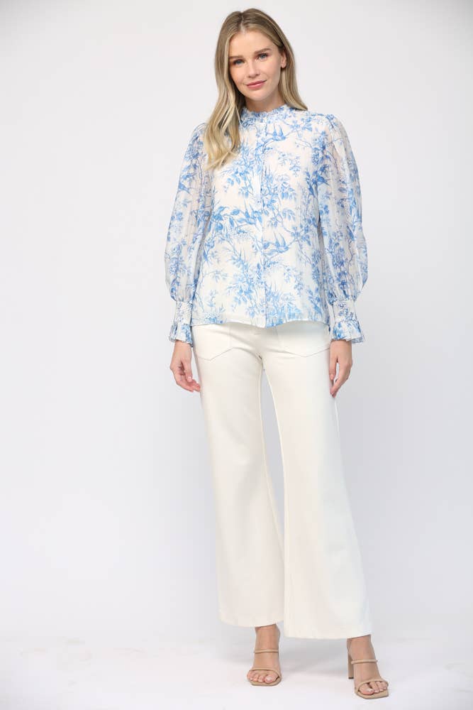 Printed Tencel Blend Ruffle Neck Blouse