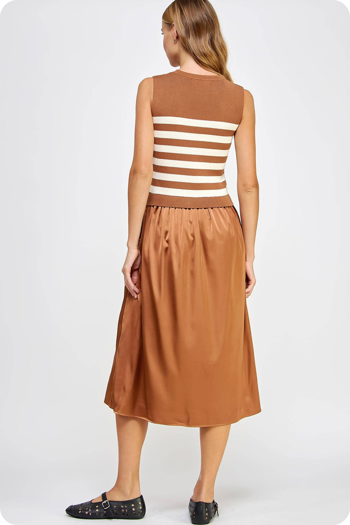 Sleeveless Striped Mixed Media Midi Dress