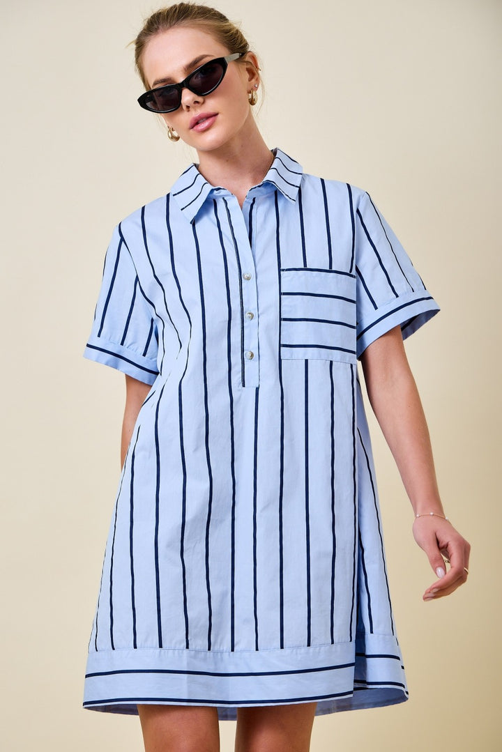 Striped Short Sleeve A-Line Collared Shirt Dress